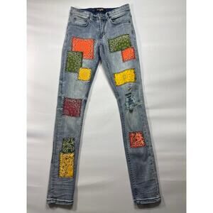 Serenede Men's Patchwork Skinny Blue Denim Jeans - Size 28 (27x32)